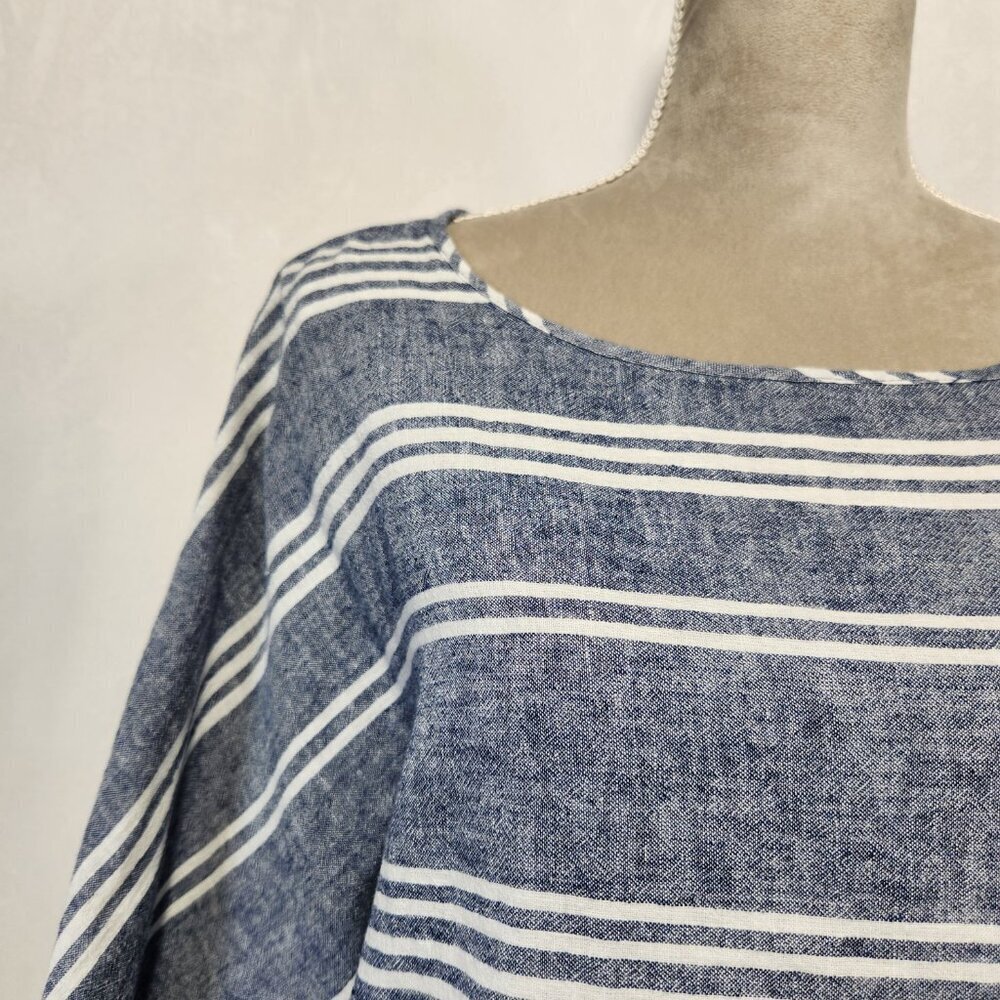 Beach Lunch Lounge Size Large Blue White Linen Blend Boxy Striped Side Tie Top - Picture 3 of 13